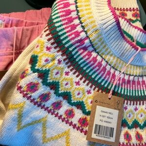 Mini Boden Cream Multicolor Kids fair isle sweater with corduroy pants.